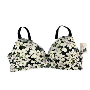 Auden Wire Free Women's Bra size 42D Black Purple Floral Stretch Smooth Coverage